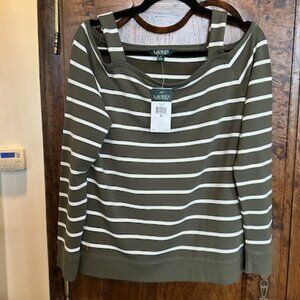 Lauren Ralph Lauren Olive Stripe Cold-Shoulder Top, Medium